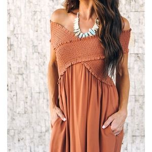 yarrow pocketed off the shoulder maxi dress